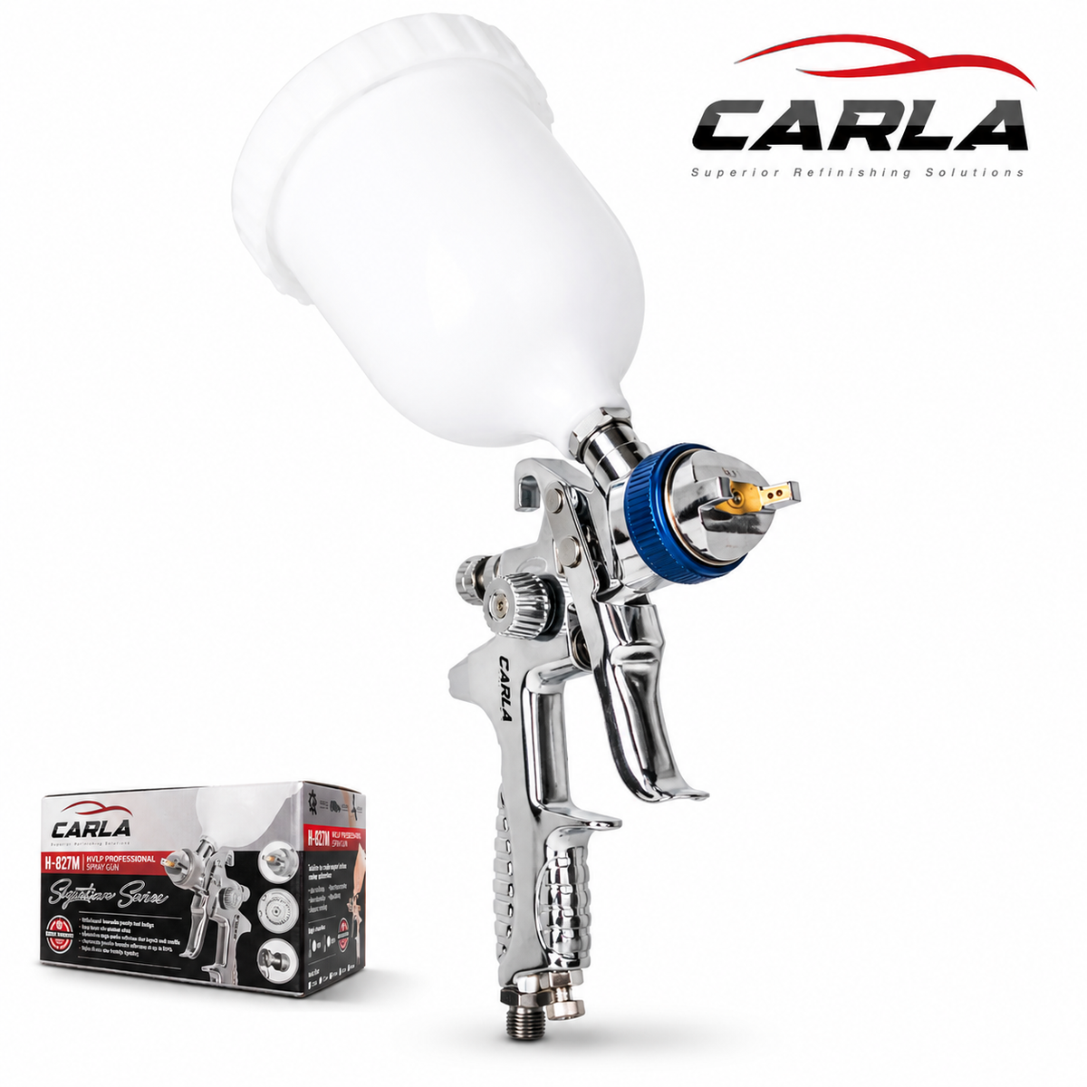 Carla spray gun with white gravity cup and product packaging