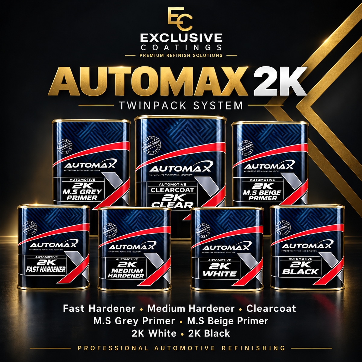 Exclusive Coatings Automax 2K Twinpack System range: fast and medium hardeners, clearcoat, MS grey and beige primers, white and black paint